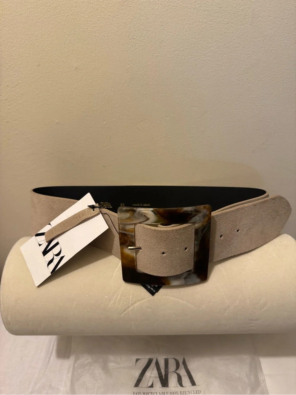 NWT Zara Genuine Suede Belt with Marbled Square Buckle & Dust Bag Size 80 / 30